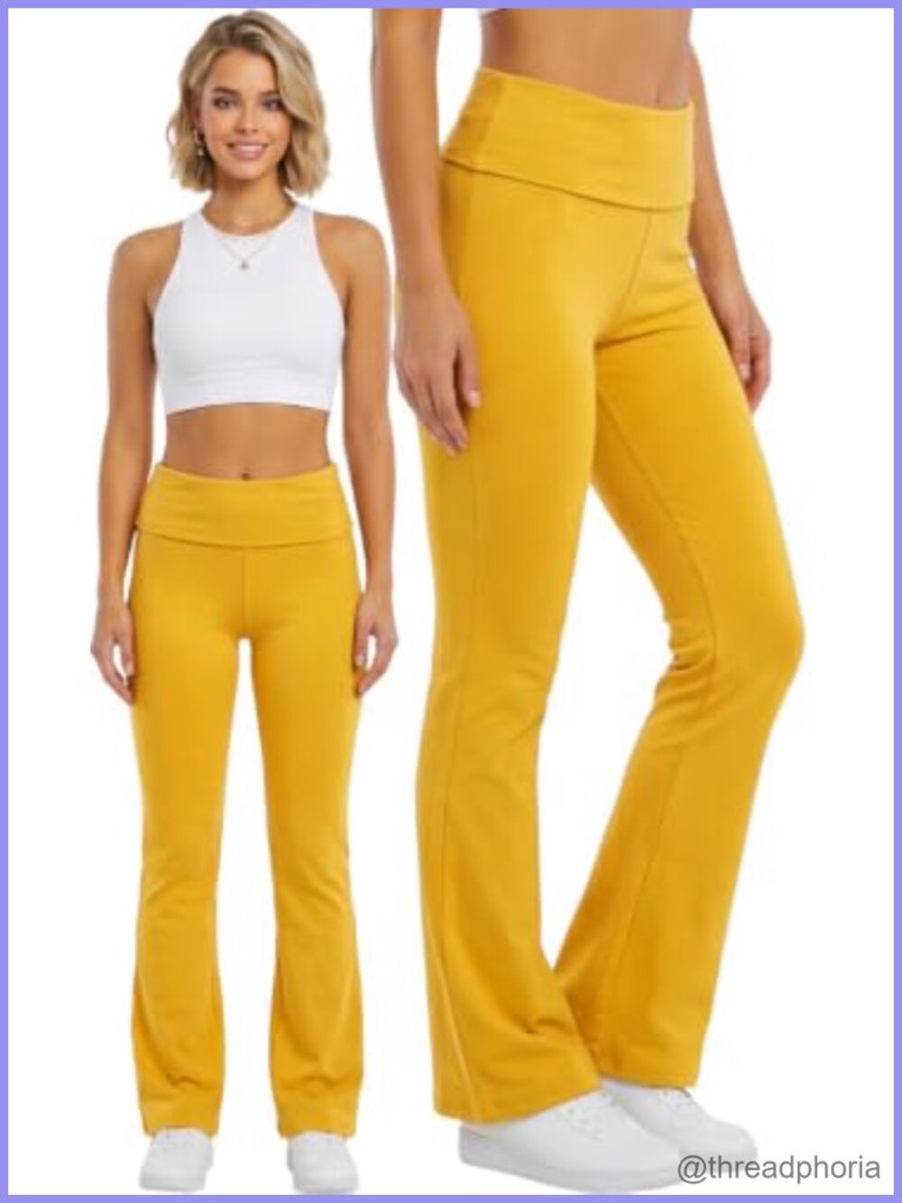 High Rise Flare Yoga Pants Fold Over Waist Cotton Blend Active Leggings - Picture 2 of 3